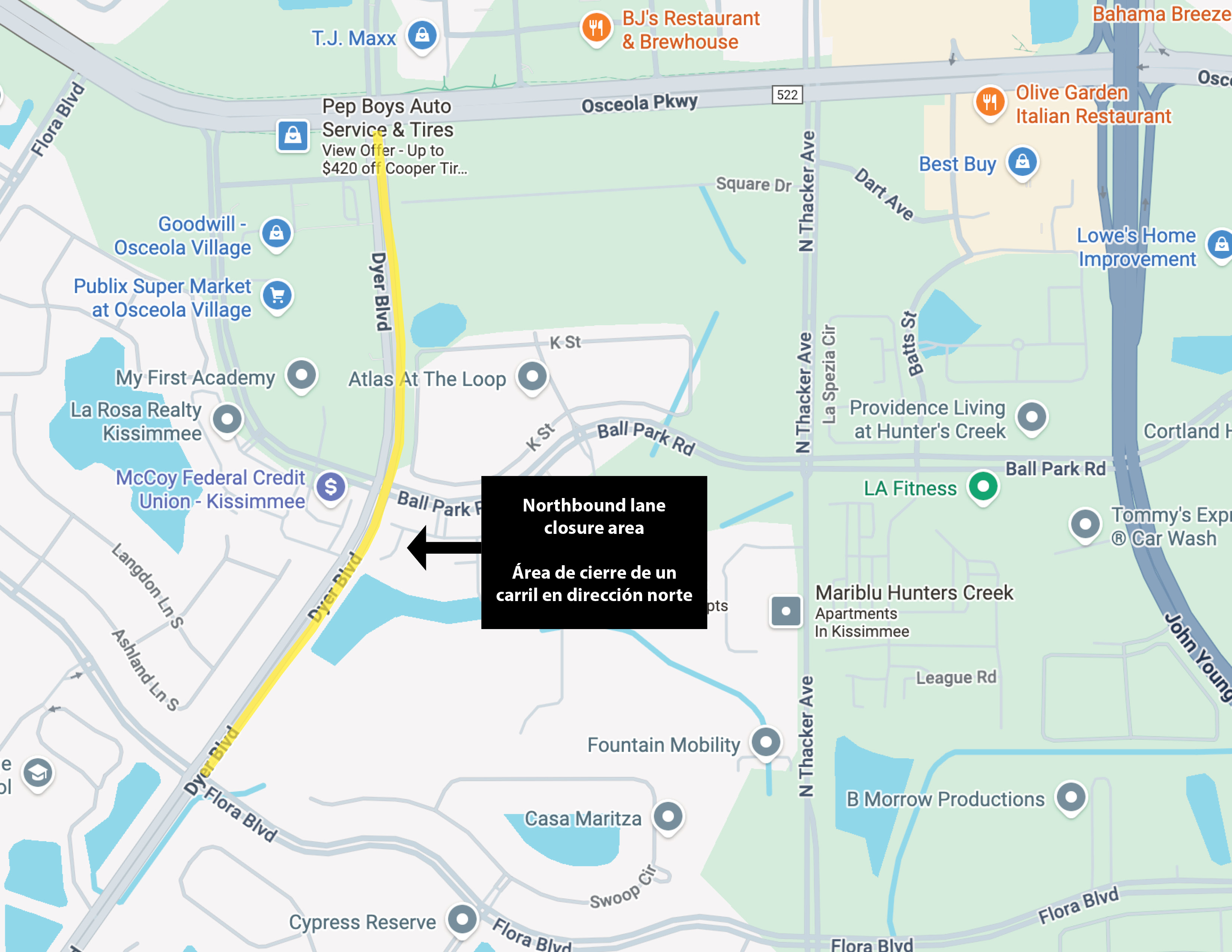 Map shows northbound lane closure on Dyer Boulevard between Flora Boulevard and Osceola Parkway.
