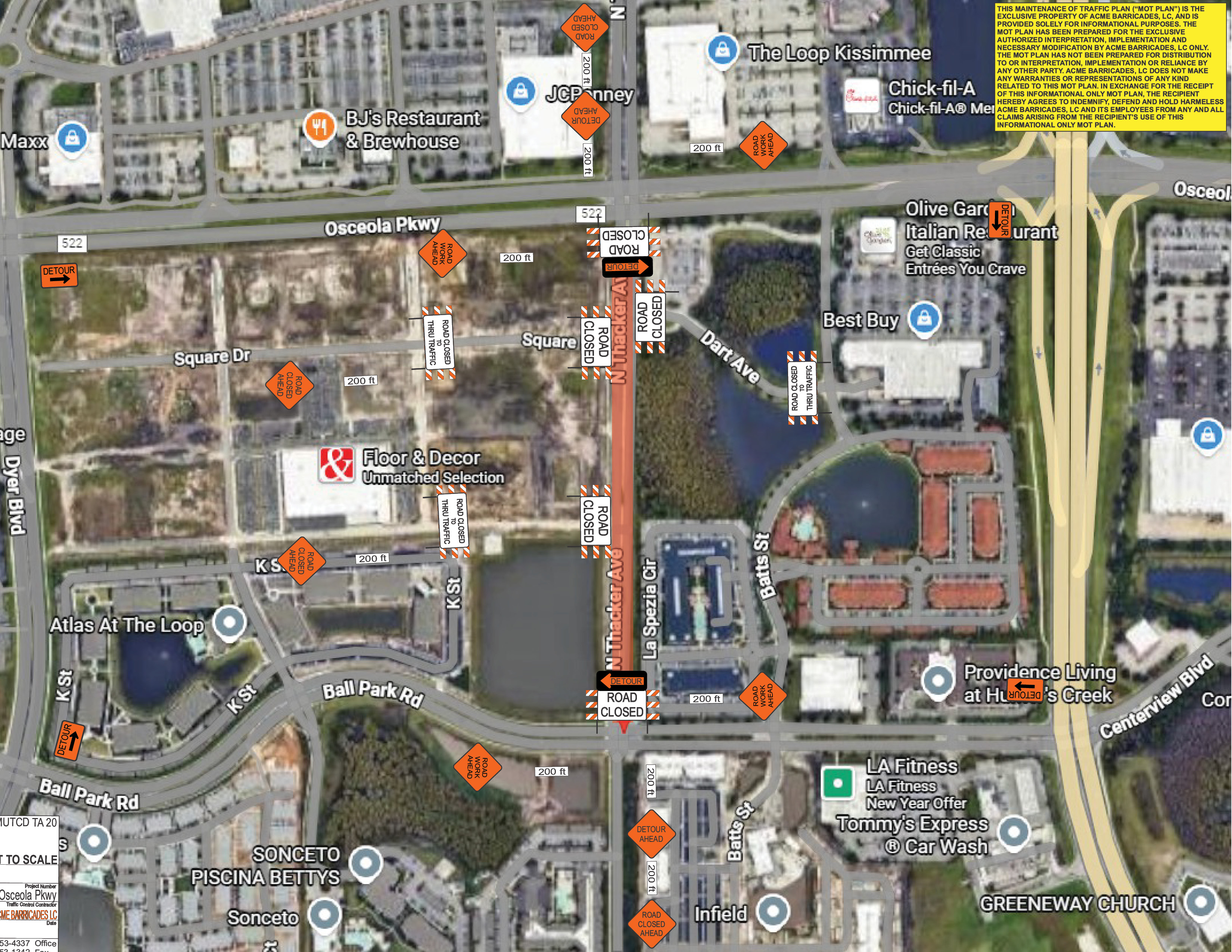 Map shows road closure on North Thacker Avenue between Ball Park Road and Osceola Parkway.
