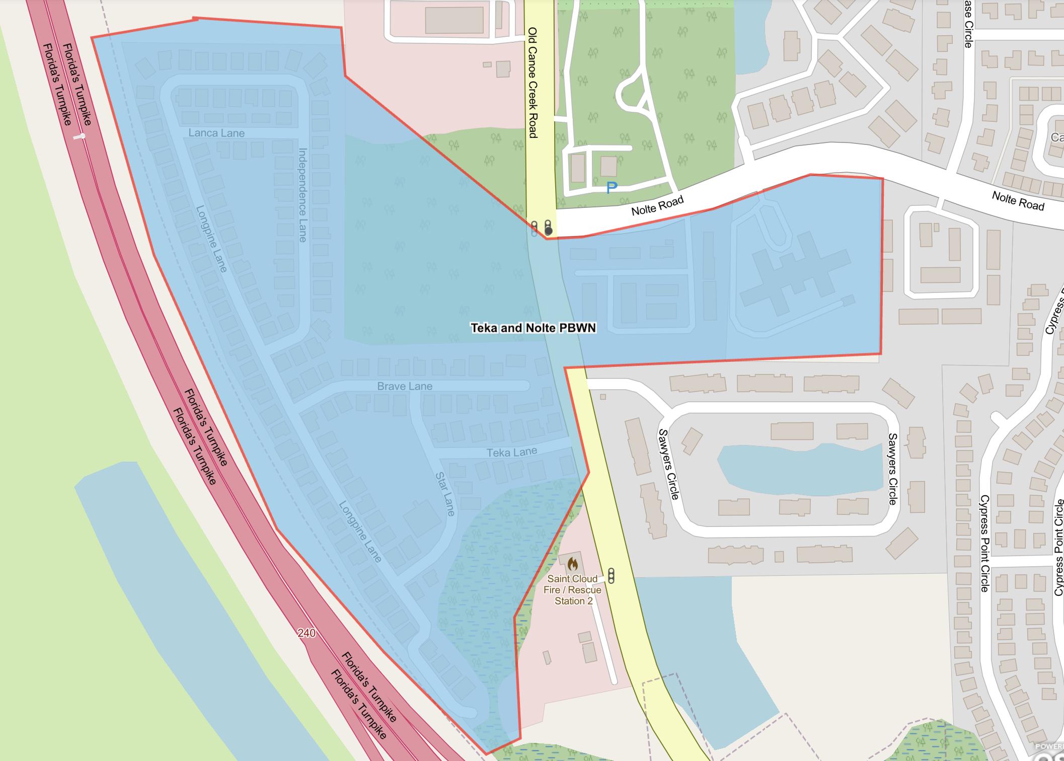 Map shows advisory area highlighted in blue for customers located at Teka Village, Woodland Terrace Apartments and 4201 Nolte Road. 