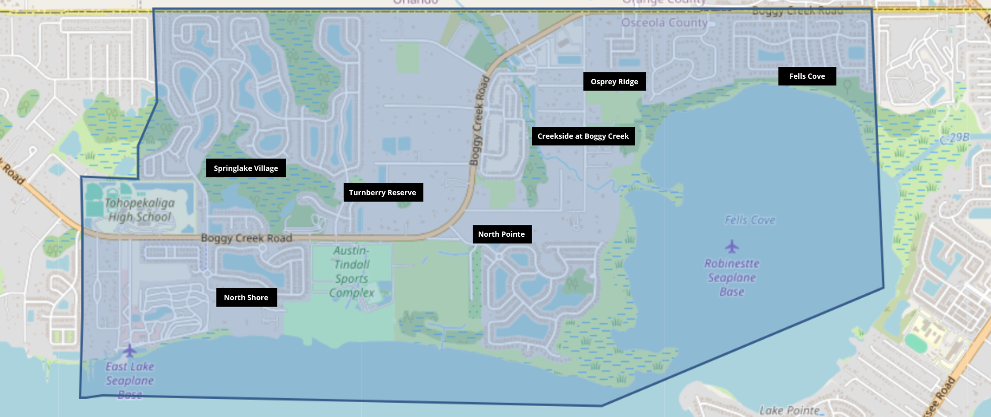 Map showing the precautionary boil water advisory area shaded in blue covering the Boggy Creek and Springlake Villages area.