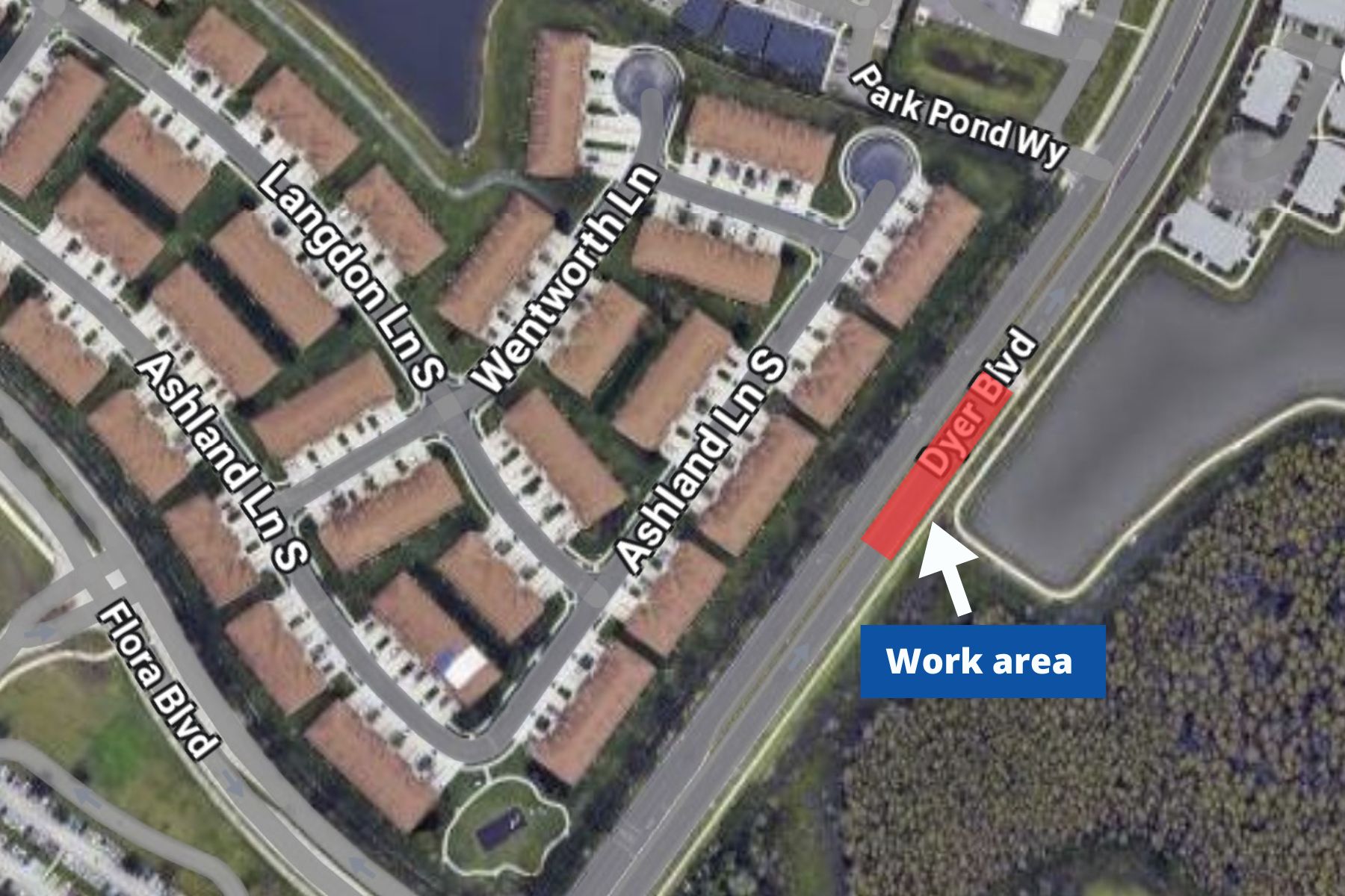 Map shows southbound lane shift on Dyer Boulevard between Park Pond Way and Flora Boulevard.