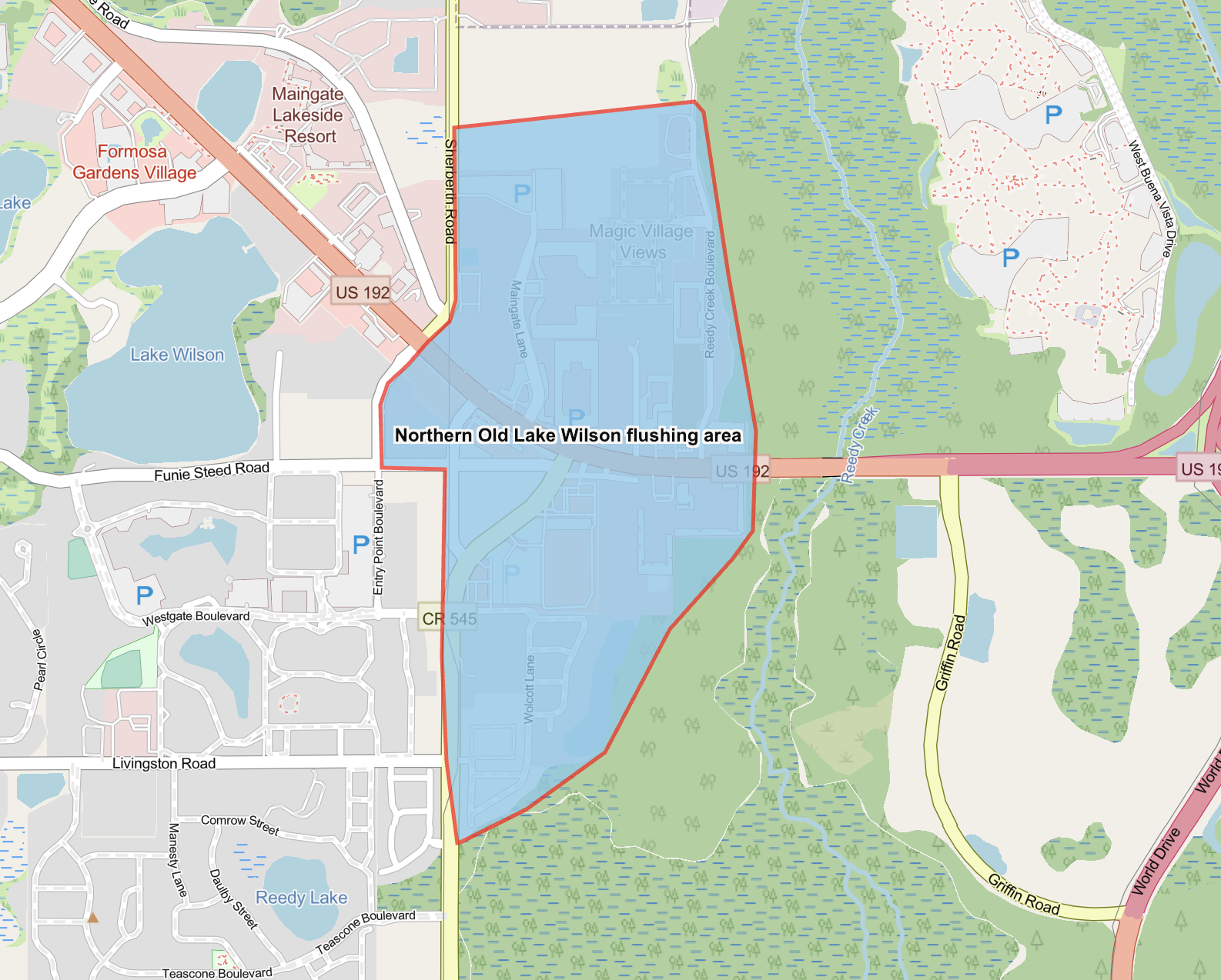 Map shows the northern Old Lake Wilson Road flushing area highlighted in blue which includes the areas of Wolcott Lane, Magic Tree Drive, Morgan-Williams Road, Funie Steed Road, Maingate Lane, High Point Boulevard and Reedy Creek Boulevard.