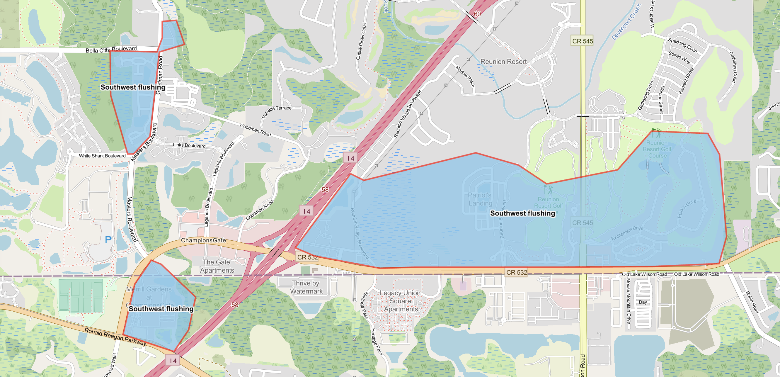 Map shows the flushing areas highlighted in blue which includes the areas of Masters Boulevard, Goodman Road, Champions Gate, Active Way, Reunion Village Boulevard, Reunion Boulevard, Heritage Crossing Way and Excitement Drive.