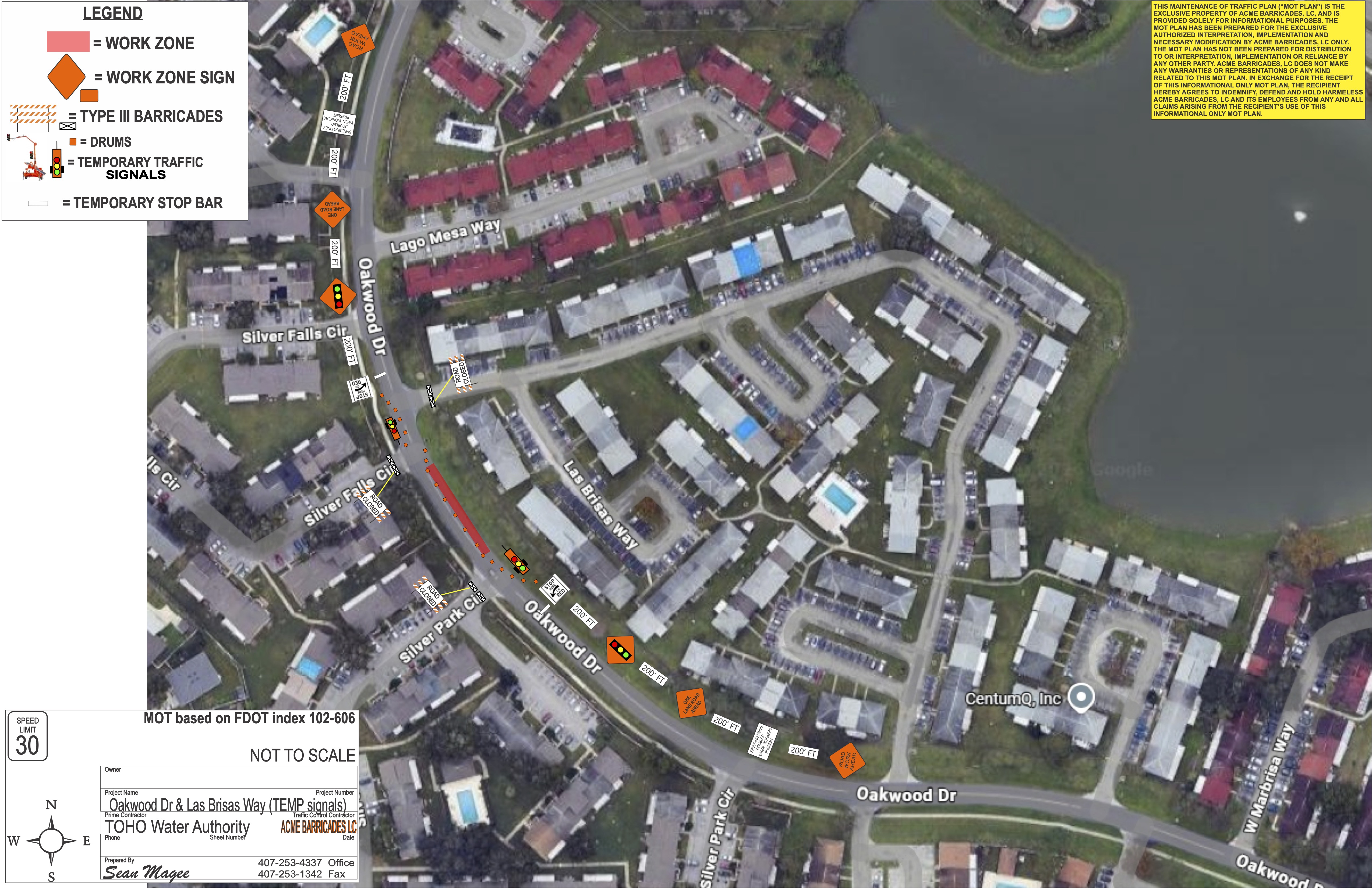 The map shows a lane closure on with a traffic light system on Oakwood Drive between Las Brisas Way and Silver Park Circle to conduct a sewer repair in the area. To maintain traffic safety, the following closures are also in place: Las Brisas Way northern exit/entrance, Silver Falls Circle southern exit/entrance and Silver Park Circle northern exit/entrance.