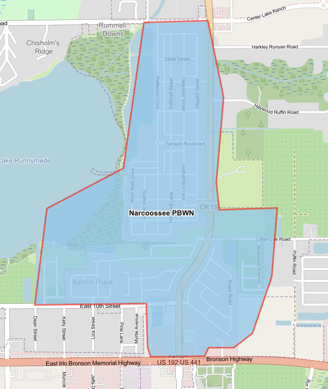 Map shows highlighted in blue the advisory area on South Narcoossee Road between Rummell Road and US 441. 
