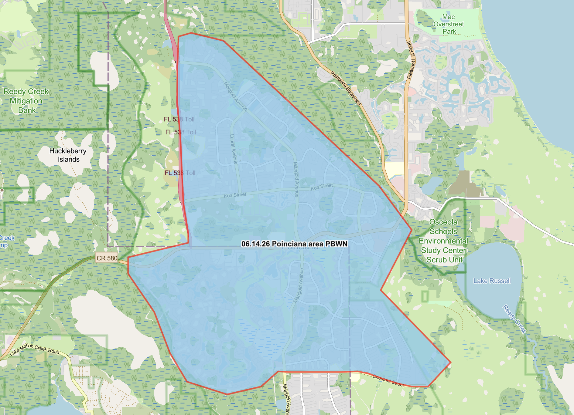 Map shows highlighted in blue precautionary boil water advisory area for customers in the Poinciana area off Marigold Avenue.