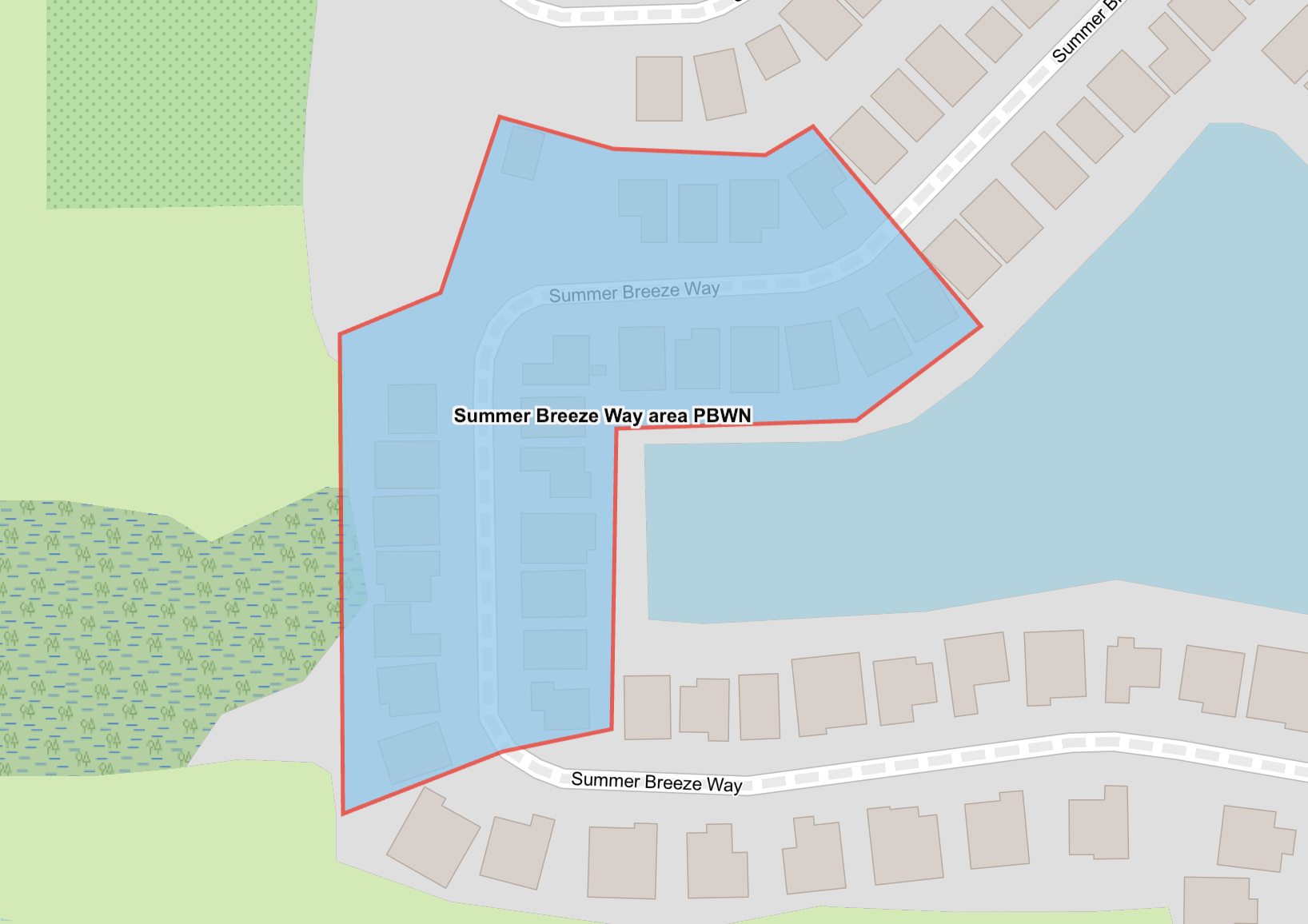 Map shows highlighted in blue the precautionary boil water advisory area for customers located at 4316-4345 Summer Breeze Way and 2860 Spring Breeze Way.