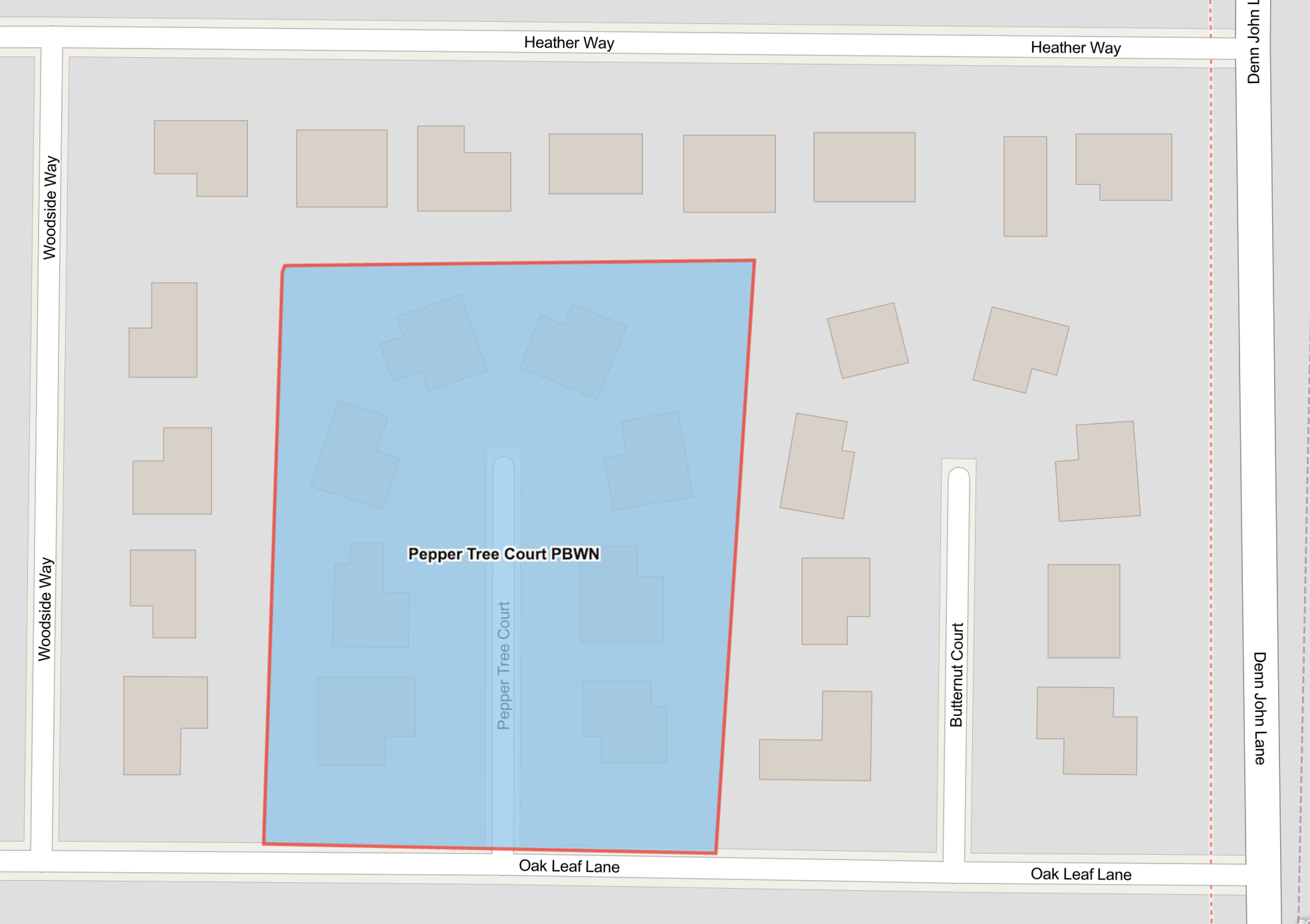 Map shows highlighted in blue the advisory area for customers on Pepper Tree Court.