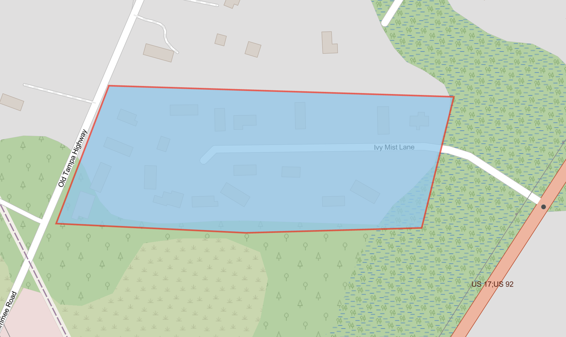 Map shows highlighted in blue the advisory area when service is restored for customers located at 6605-6624 Ivy Mist Lane and 6680, 6678,6676 and 6674 Old Tampa Hwy.