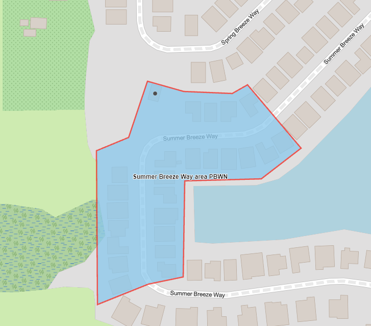 Map shows highlighted in blue the advisory area when service is restored for customers located at 4316-4345 Summer Breeze Way and 2860 Spring Breeze Way.