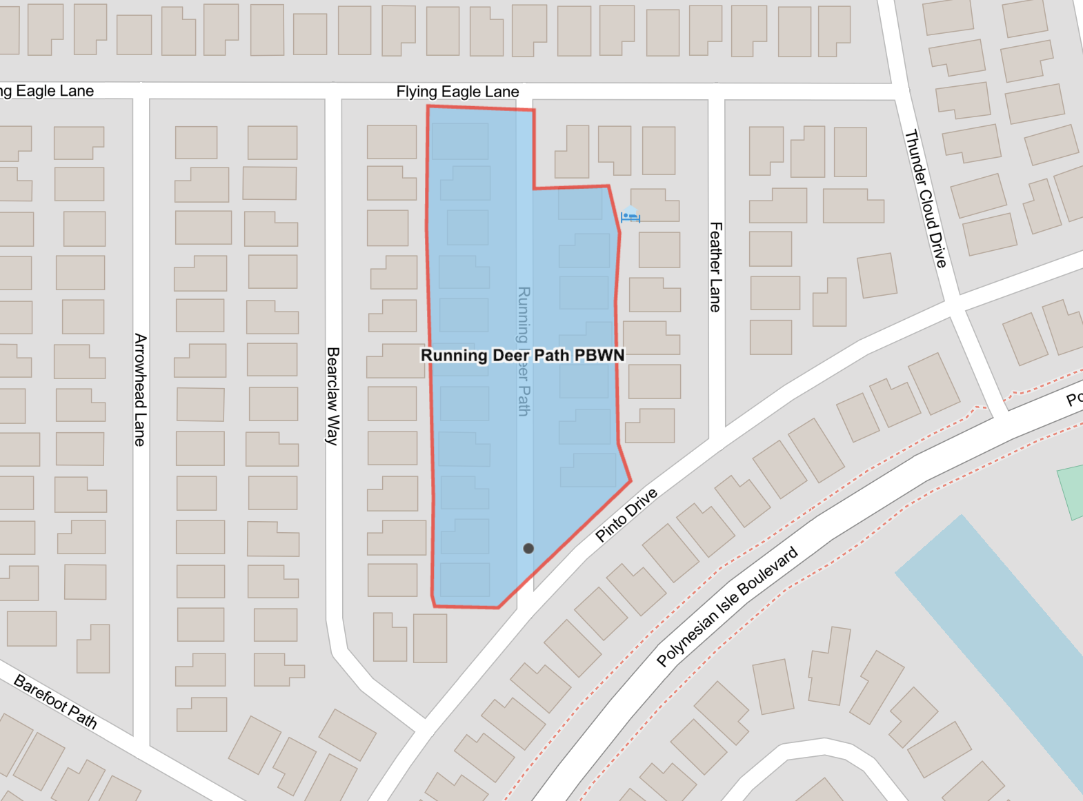 Map shows highlighted in blue the precautionary boil water advisory area for customers located on Running Deer Path. 