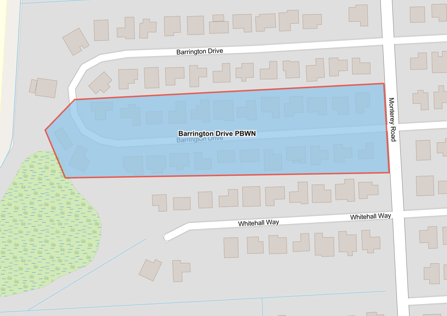 Map shows highlighted in blue the precautionary boil water advisory area for customers located at 101-127 Barrington Drive.