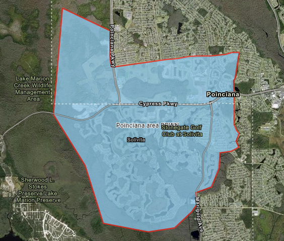 Map shows highlighted in blue the precautionary boil water advisory area for customers located in the Poinciana area.