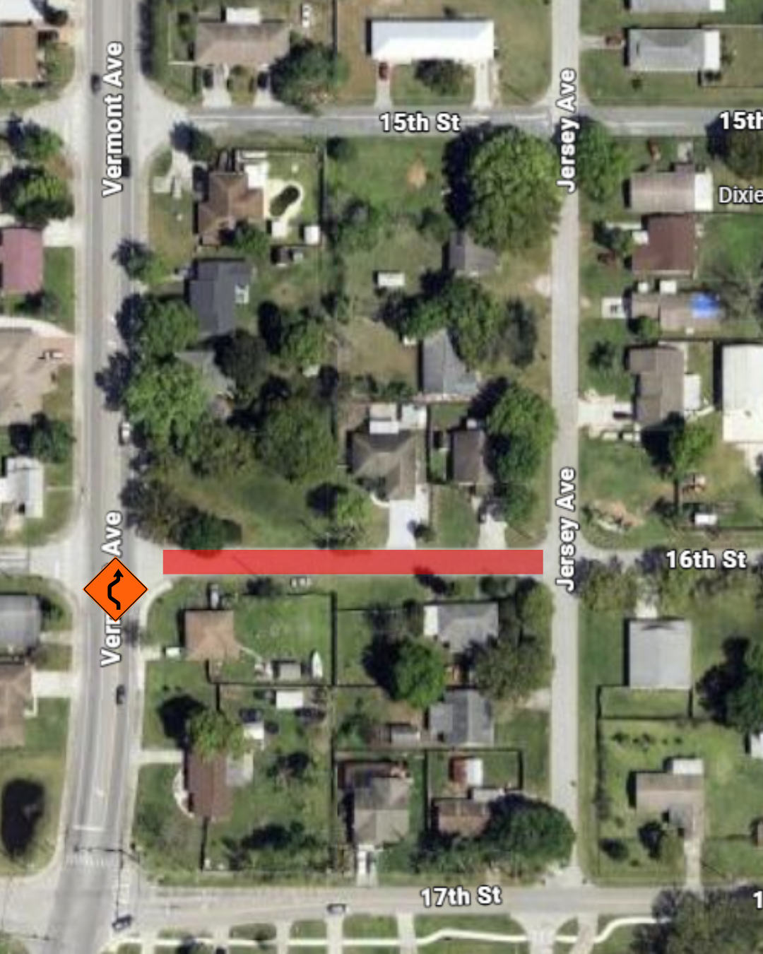 The red line on the map indicates a road closure on 16th Street. The orange lane shift sign indicates a lane shift in the northbound lane of Vermont Avenue.