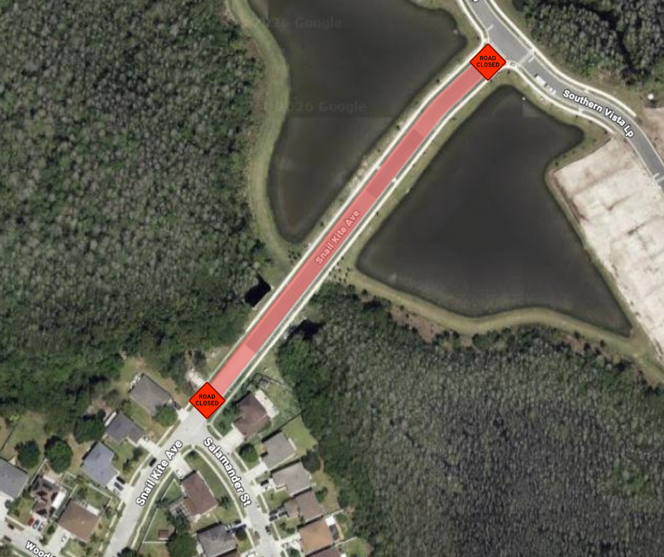 The red line on the map indicates a road closure on Snail Kite Avenue between Salamander Street and Southern Vista Loop in St. Cloud.