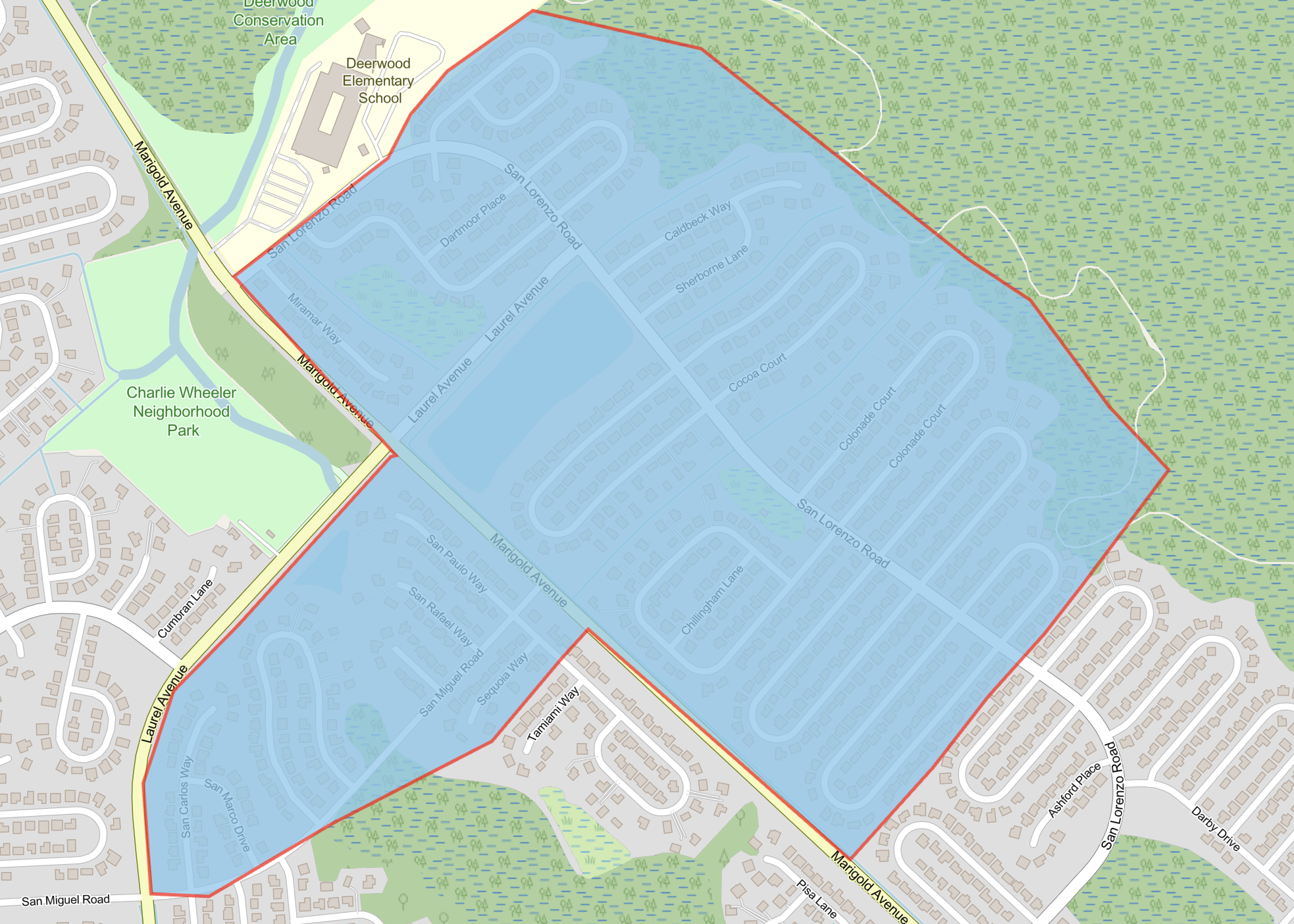 Map shows highlighted in blue where the sewer inspections will take place in the areas of San Lorenzo Road and San Miguel Road.