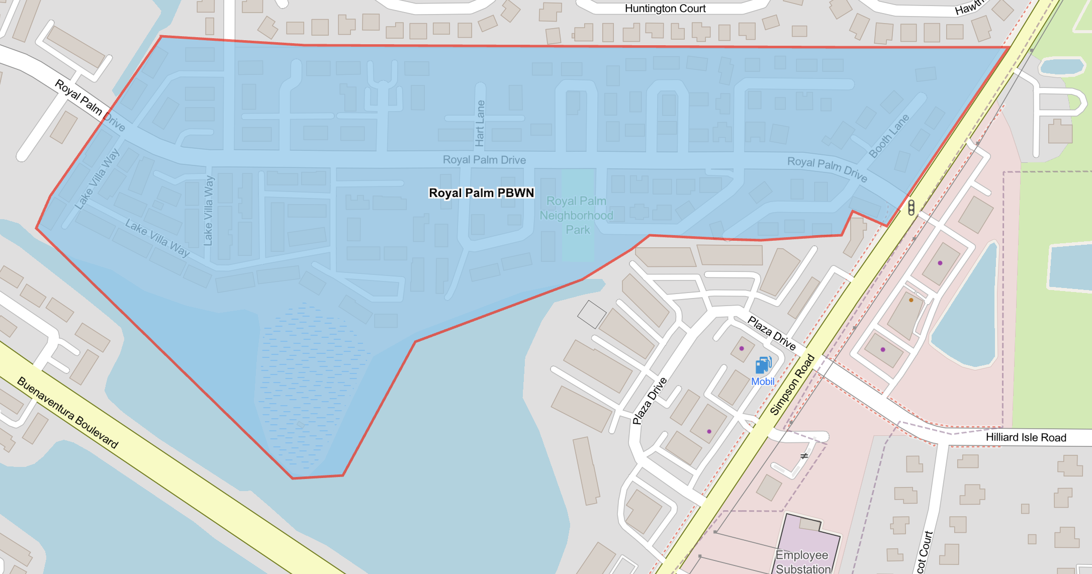 Map shows highlighted in blue the advisory area on Royal Palm Drive from Eden Lane to Simpson Road.