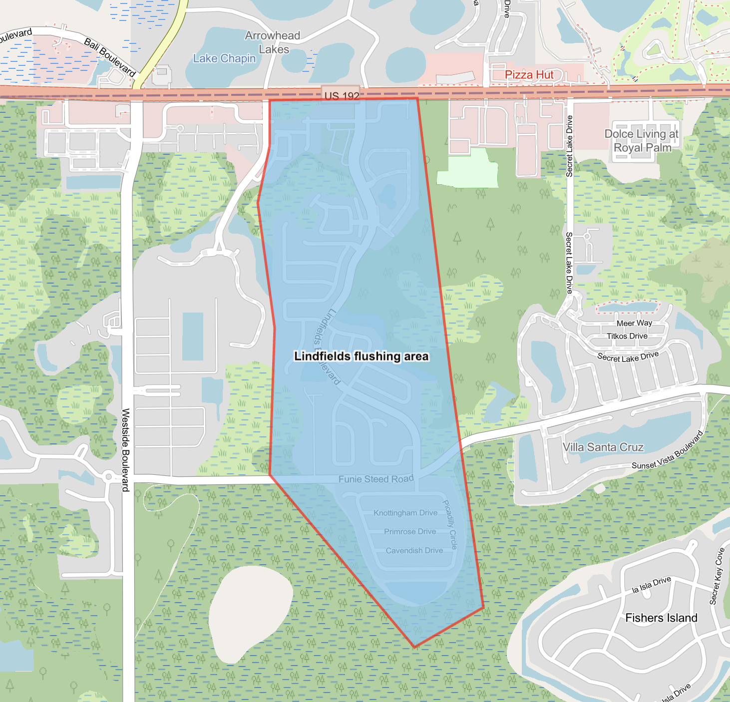Map shows highlighted in blue where the flushing activities will take place in the areas of Lindfields and Grand Palms Condo.