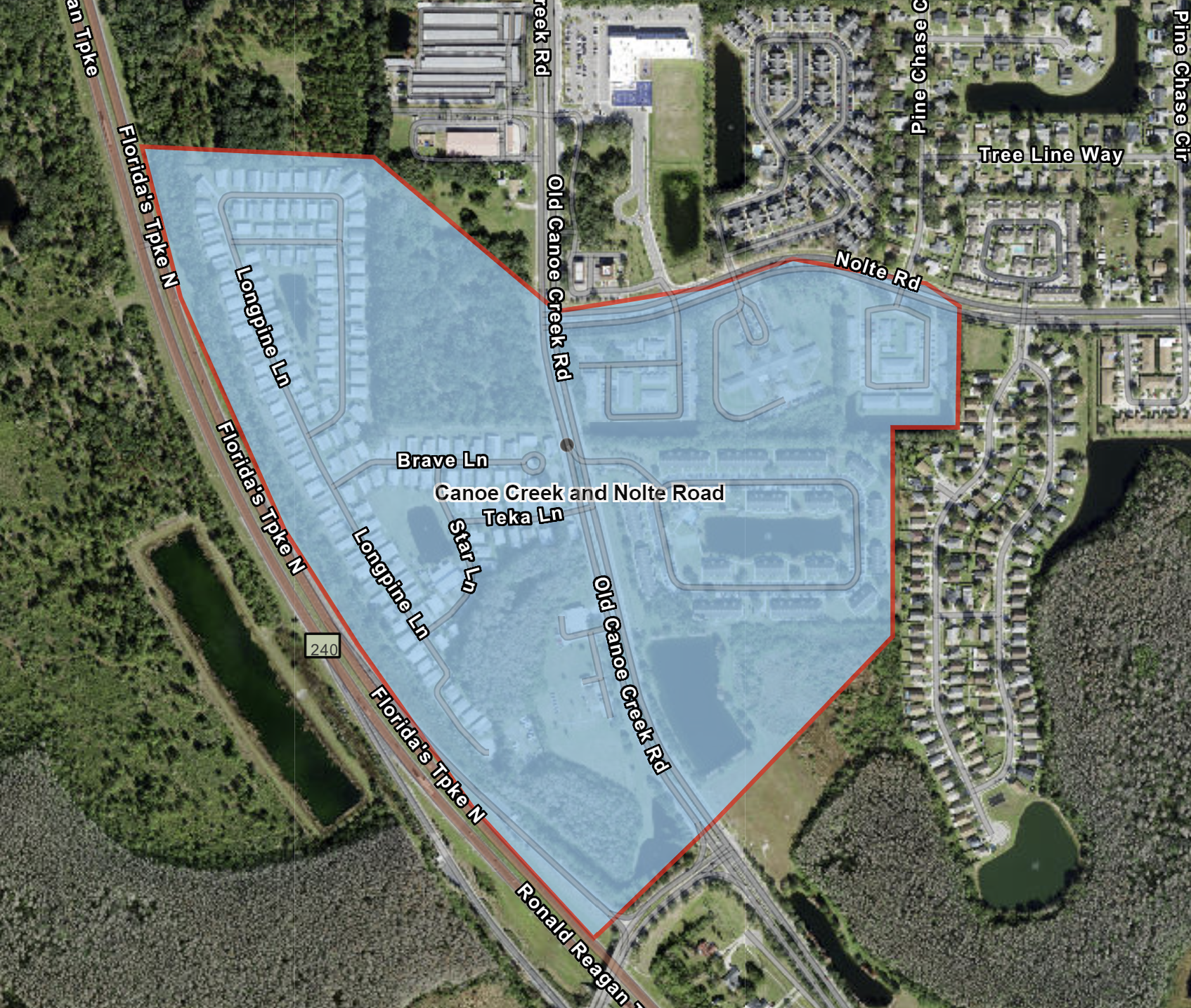 The area highlighted in blue on the map represents the advisory area in the Canoe Creek and Nolte Road area. 