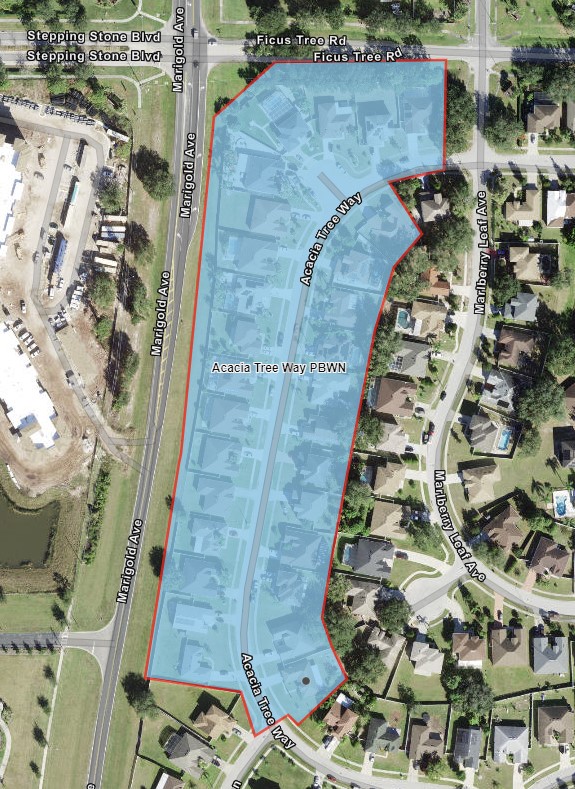 Map shows advisory area highlighted in blue for customers on Acacia Tree Way in Kissimmee. 
