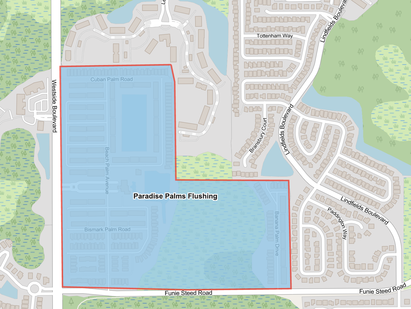 The map shows highlighted in blue where the flushing will take place in the area of Paradise Palms Resort.