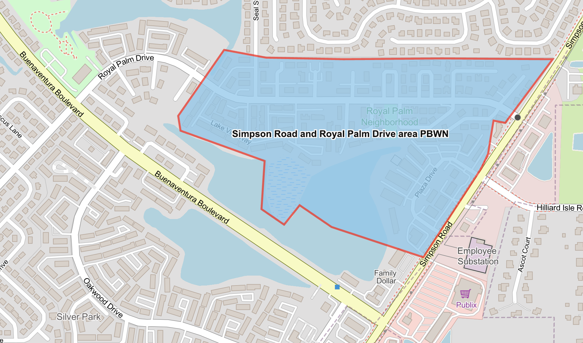 The area highlighted in blue on the map represents the advisory area in the Simpson Road and Royal Palm Drive area.