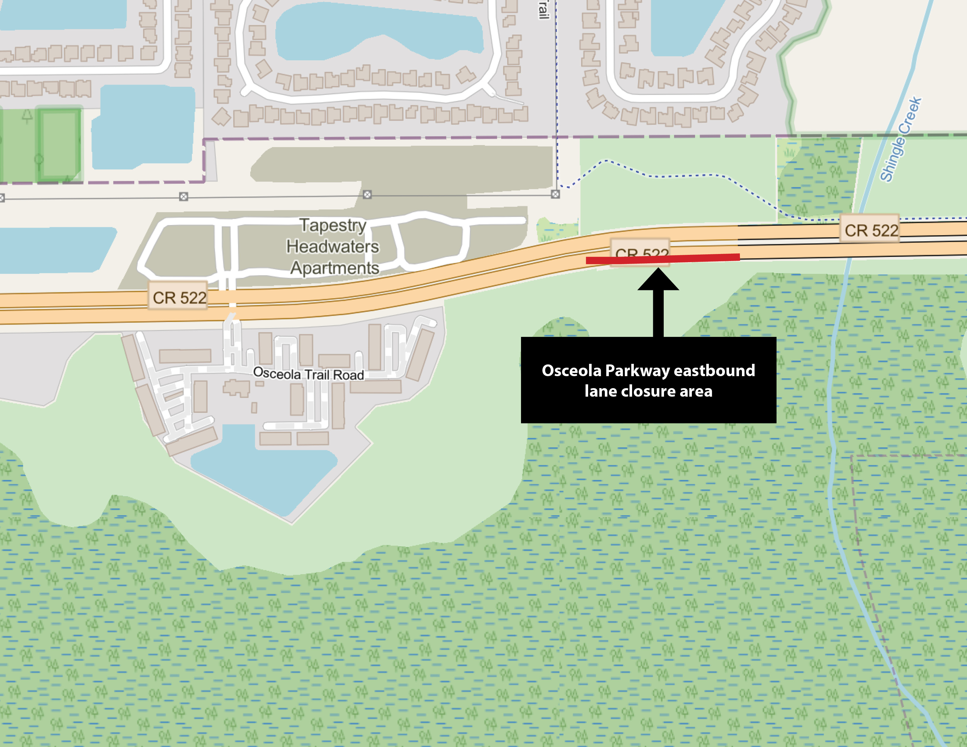 Map shows the eastbound lane closure on Osceola Parkway just east of Osceola Trail Road.