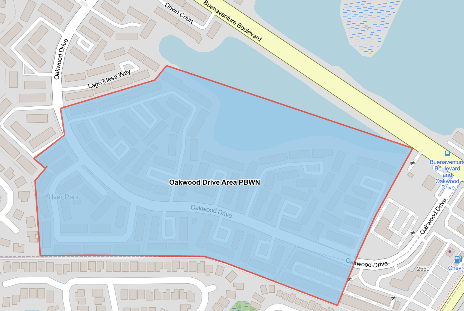 The map shows the advisory area on Oakwood Drive between Buenaventura Boulevard and Lago Mesa Way highlighted in blue. 
