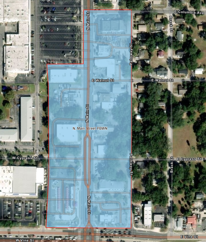 The map shows the advisory area on N. Main Street between E. Vine Street and E Columbia Avenue highlighted in blue. 