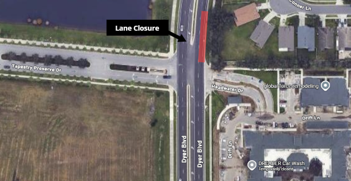 Map shows in red the outside northbound lane closure on Dyer Blvd. between Tapestry Preserve Drive and Flora Blvd.