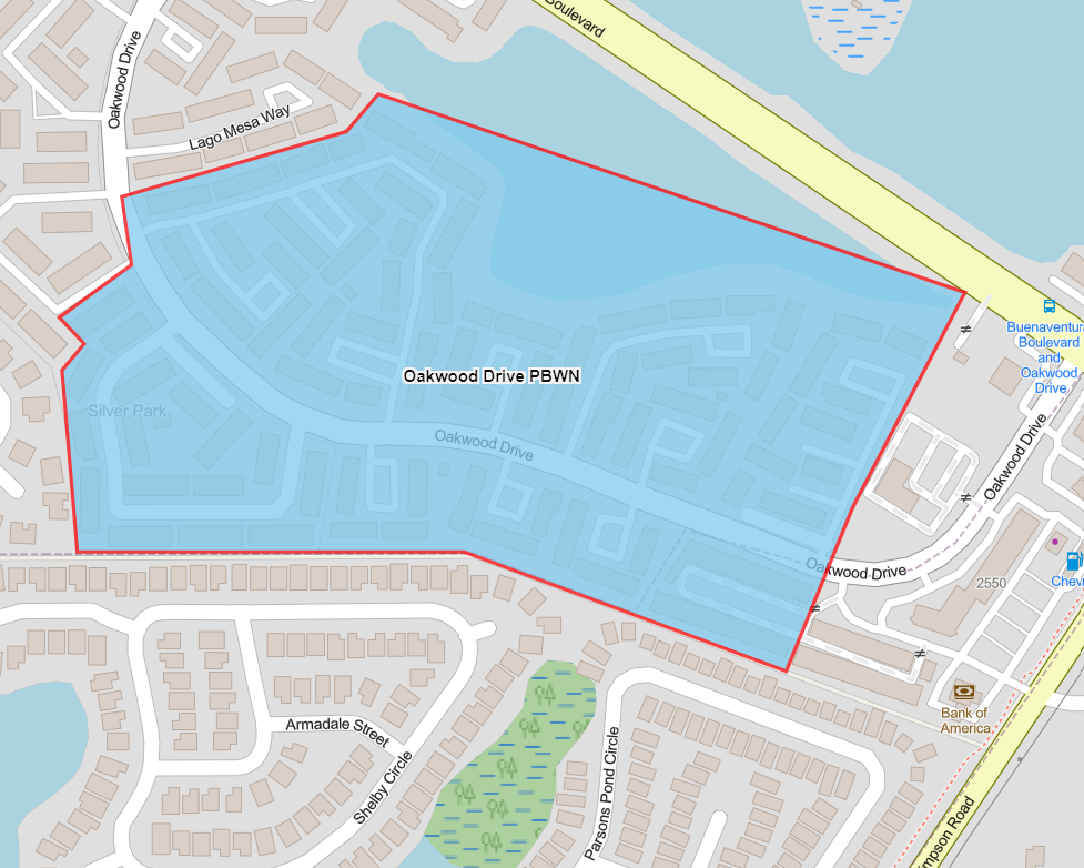 The map shows the advisory area on Oakwood Drive between Buenaventura Boulevard and Lago Mesa Way highlighted in blue. 
