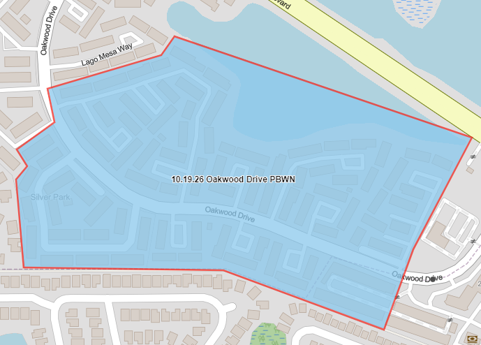 The map shows the advisory area on Oakwood Drive between Buenaventura Boulevard and Lago Mesa Way highlighted in blue. 