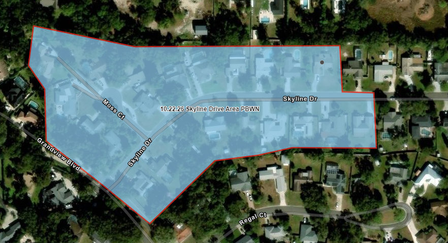 Map shows highlighted in blue the advisory area for customers on Skyline Drive and Moss Court in Kissimmee that will be in effect once service is restored.