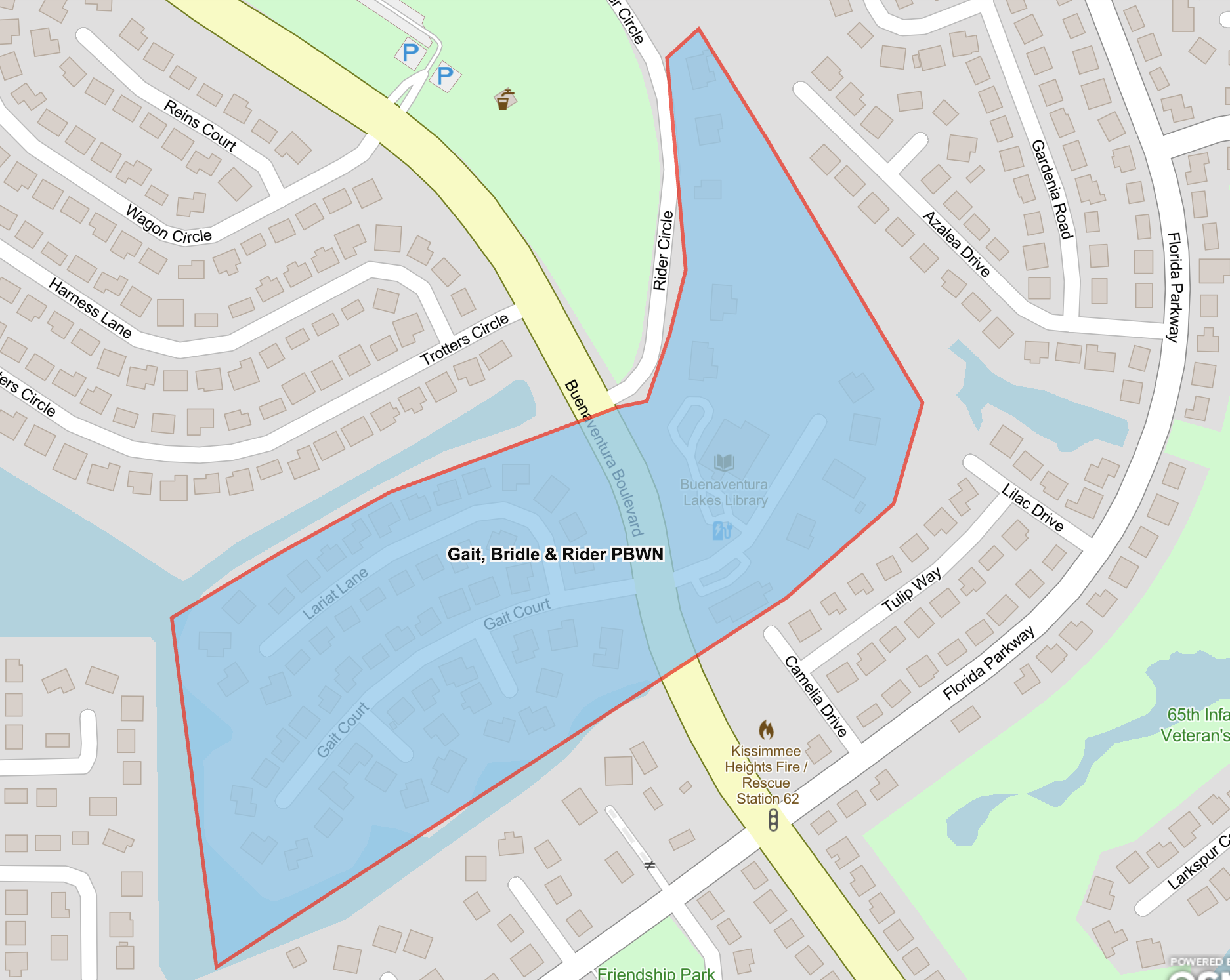 Map shows advisory area highlighted in blue for customers in Rider Circle, Bridle Court, Gait Court, Lariat Lane, Stirrup Court and Horseshoe Court.
