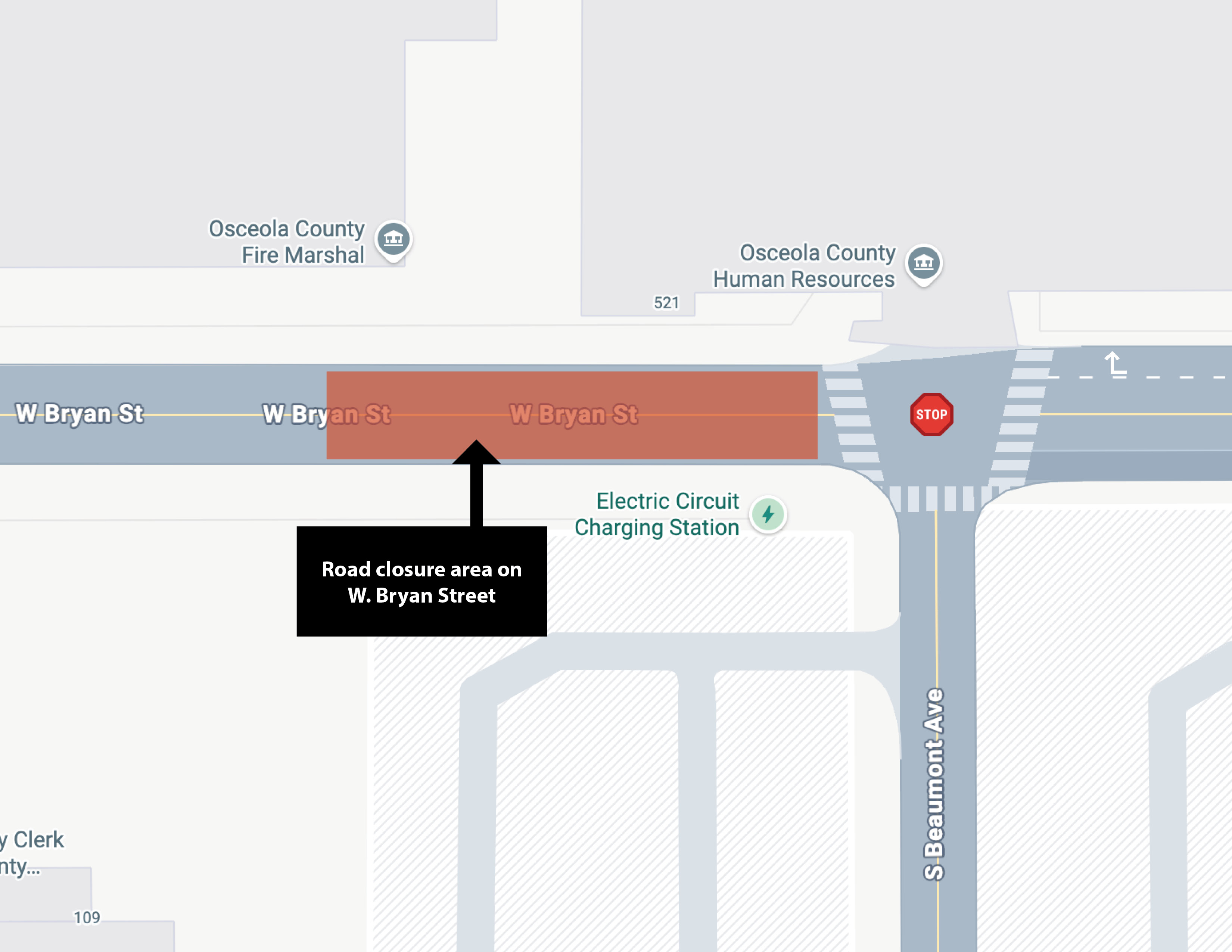 Map shows road closure area highlighted in red on W. Bryan Street near S. Beaumont Avenue.