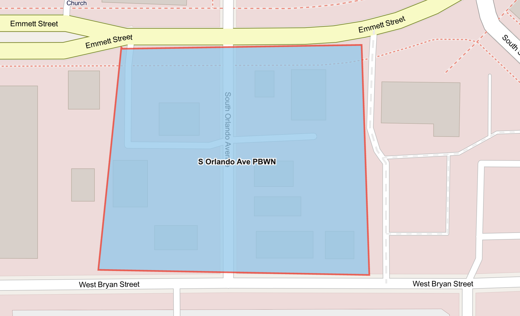The map shows the advisory area highlighted in blue for S Orlando Avenue between Bryan Street and Emmett Street that will be in effect once service is restored.