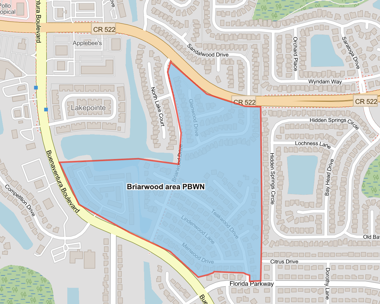 Map shows advisory area of Briarwood Drive and Buenaventura Boulevard highlighted in blue. 