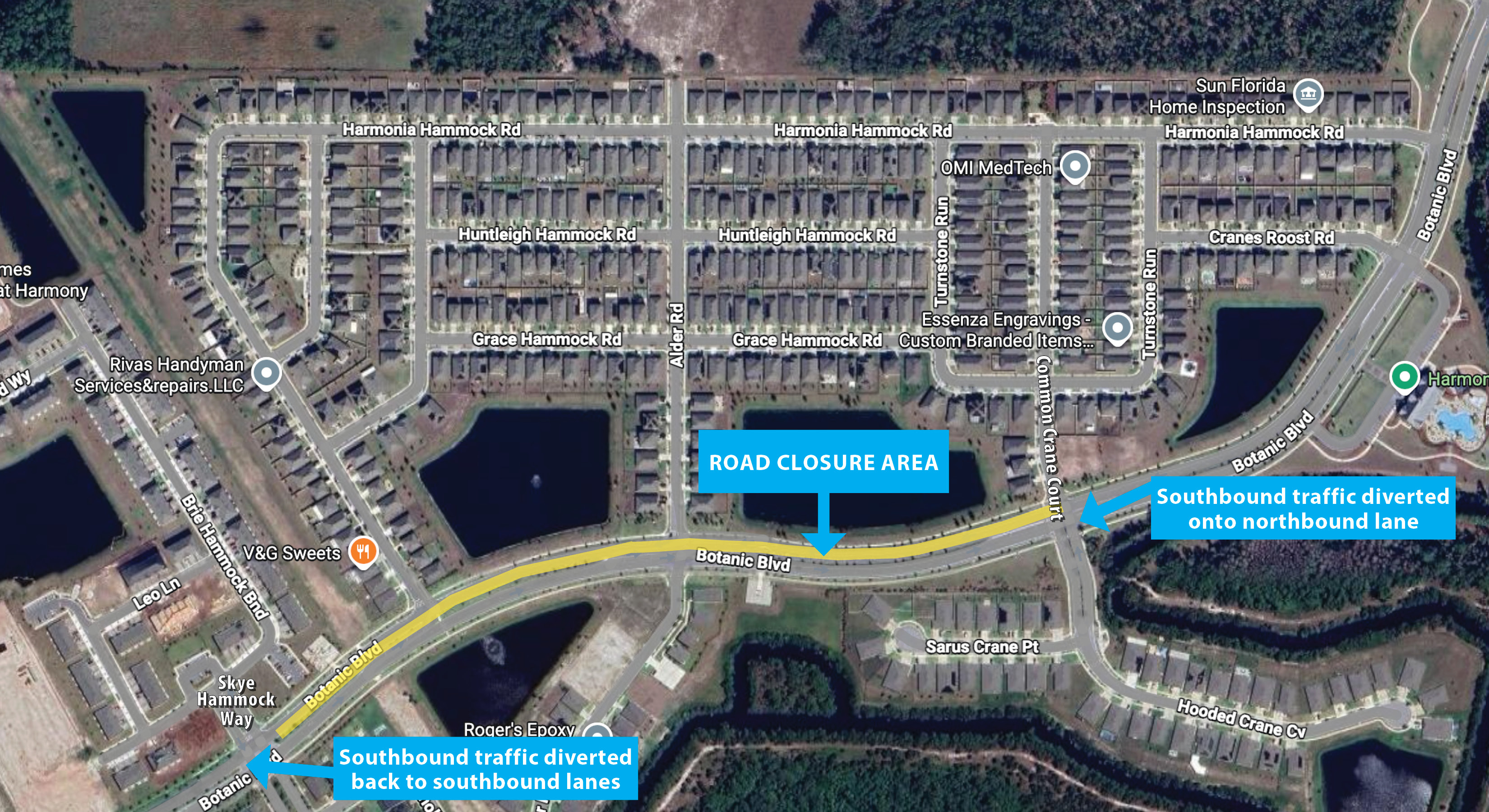 The map shows closure of the southbound lanes between the area of Cranes Roost Road and Skye Hammock Way highlighted in yellow. The soundbound traffic is being diverted onto a northbound lane. 
