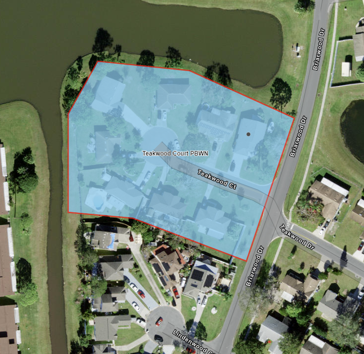 The map shows advisory area highlighted in blue for customers on Teakwood Court.