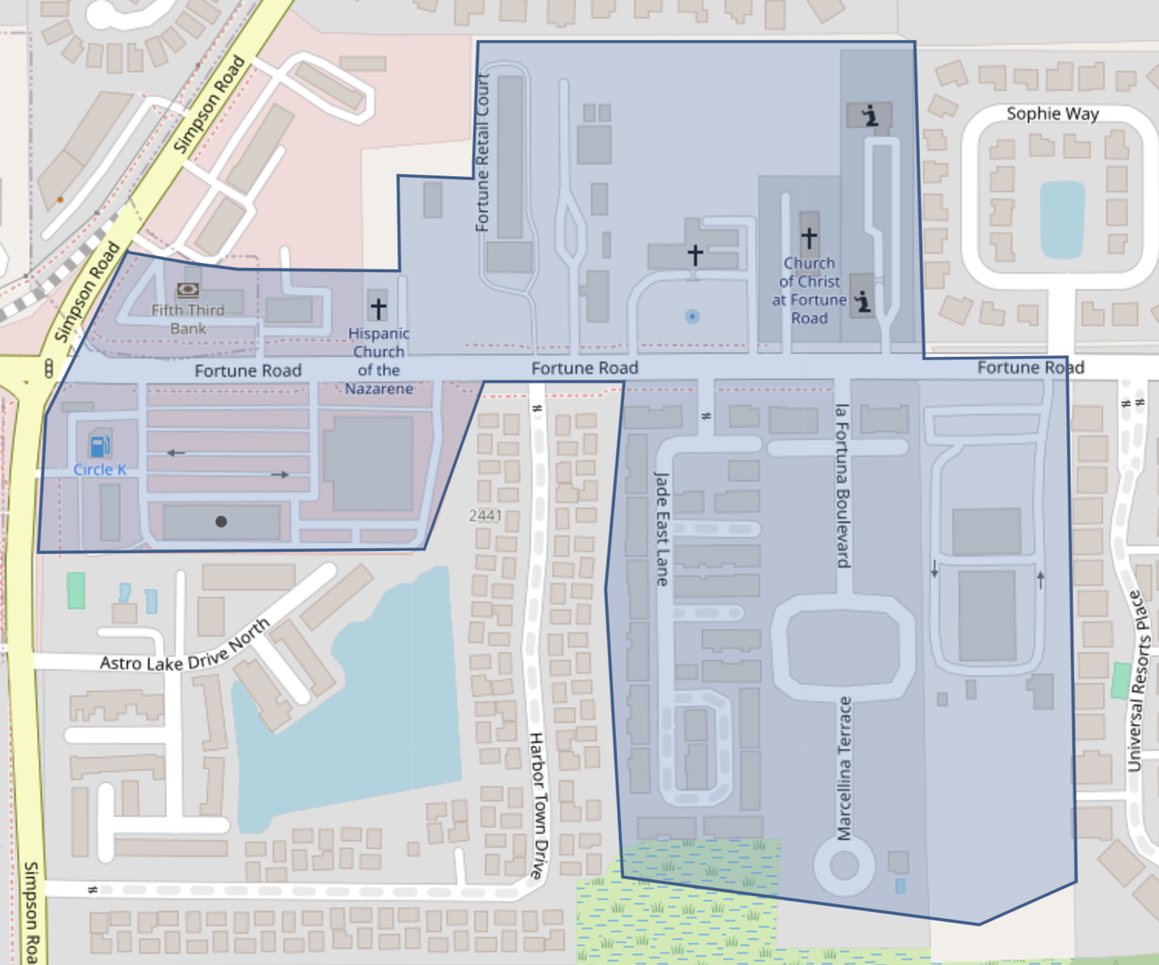 The map shows the precautionary boil water advisory area for customers located on Fortune Road between Simpson Road and Sophie Way highlighted in blue.