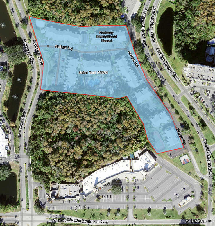 The area highlighted in blue shows the advisory area on Safari Trail.