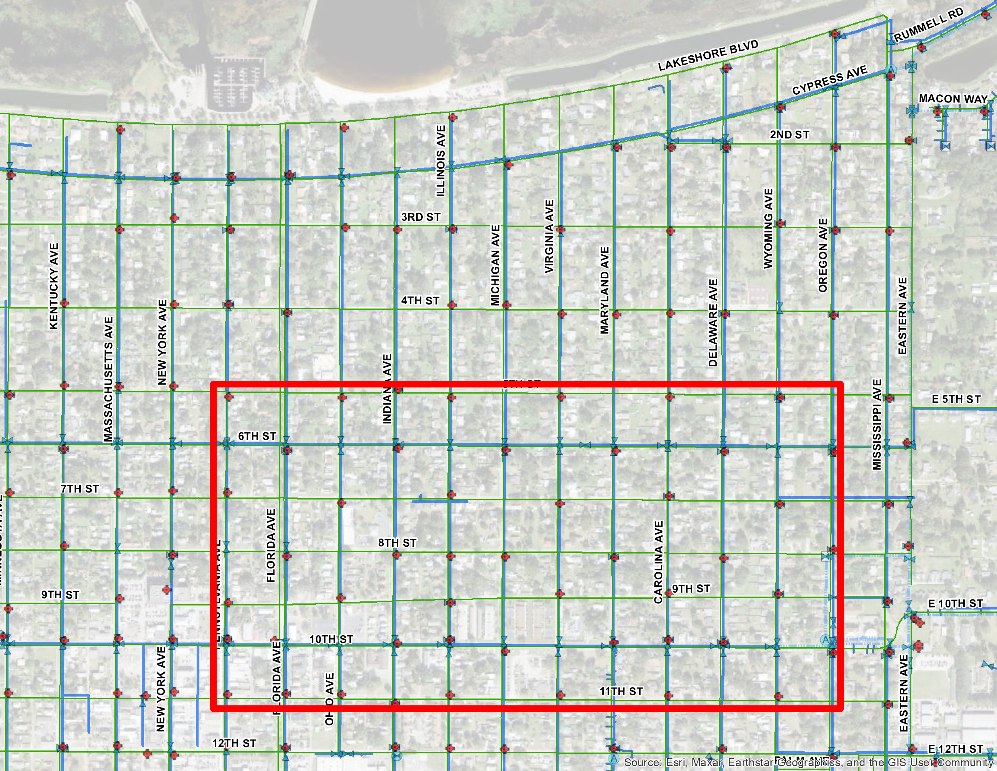 The flushing activities will take place between the boundaries of 11th Street and 5th Street and Pennsylvania Avenue and Oregon Avenue highlighted in red on the map.