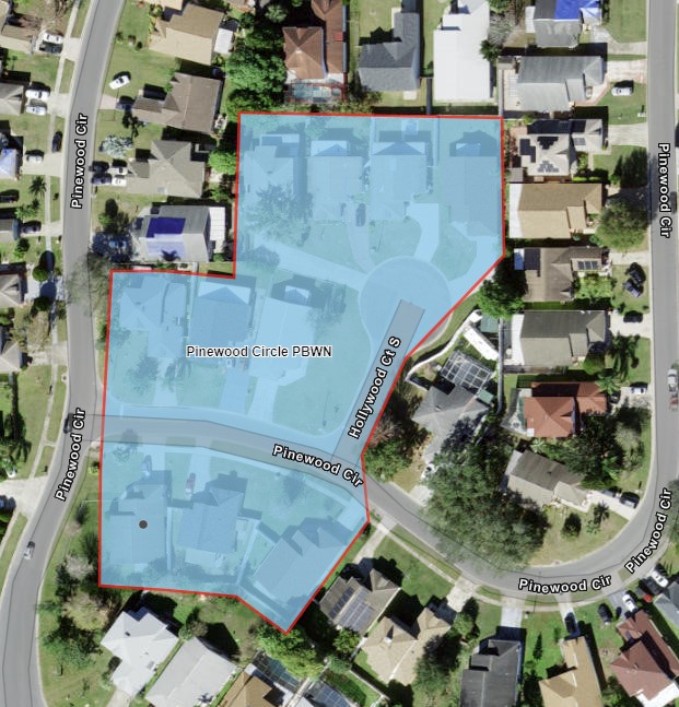 Map shows advisory area highlighted in blue for customers on Pinewood Circle and Hollywood Court South in Kissimmee. 