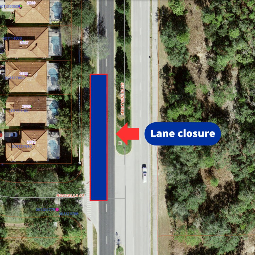 Map shows southbound lane closure on Westside Boulevard near Roccella Court.