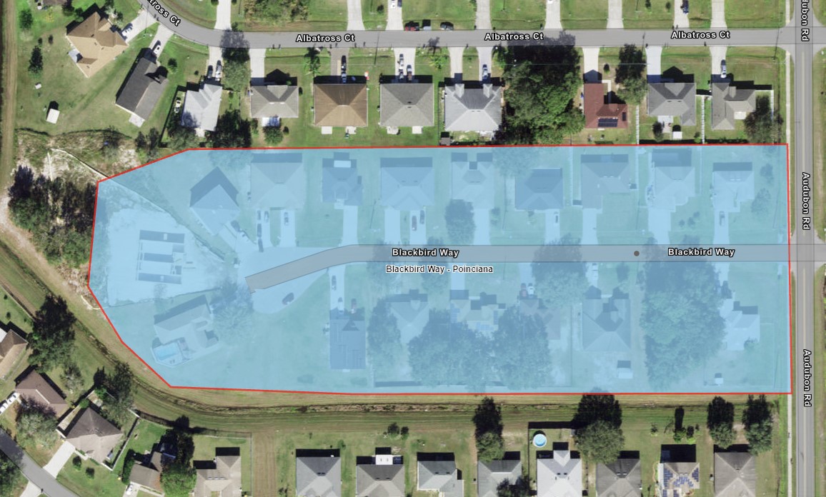 The area highlighted in blue shows the advisory area on Blackbird Way.  