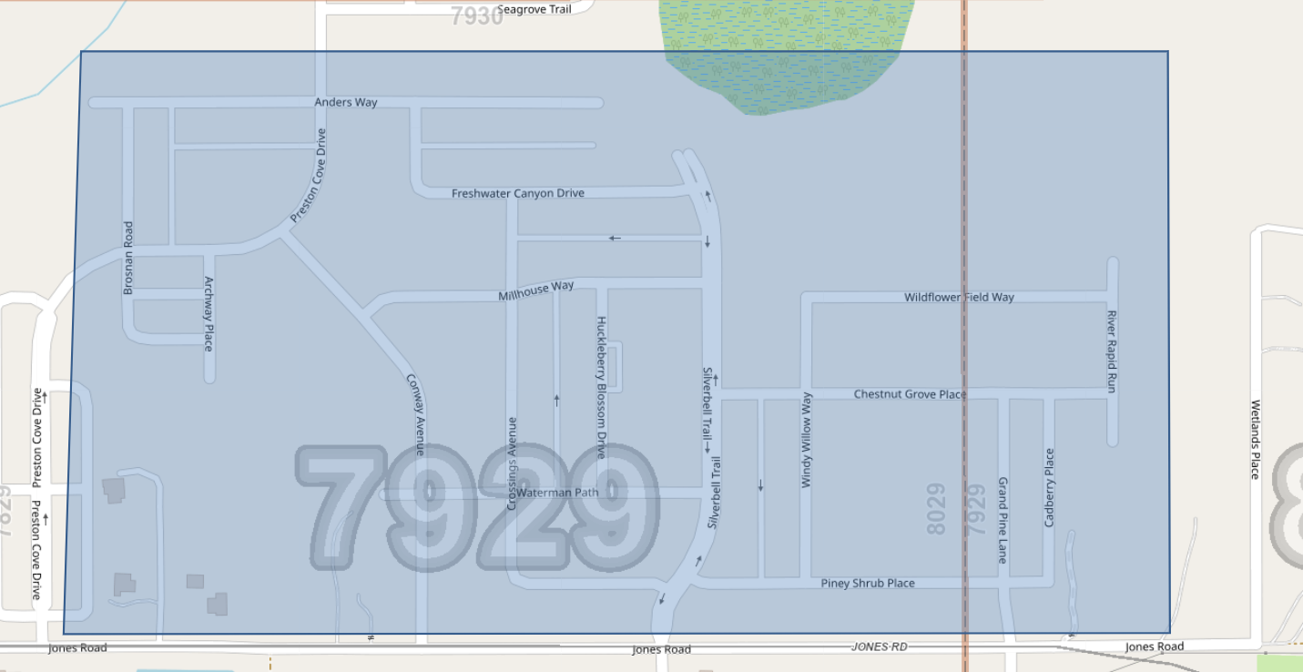 Map shows area of flushing activities in the Jones Road area between Preston Cove Drive and Wetlands Place.