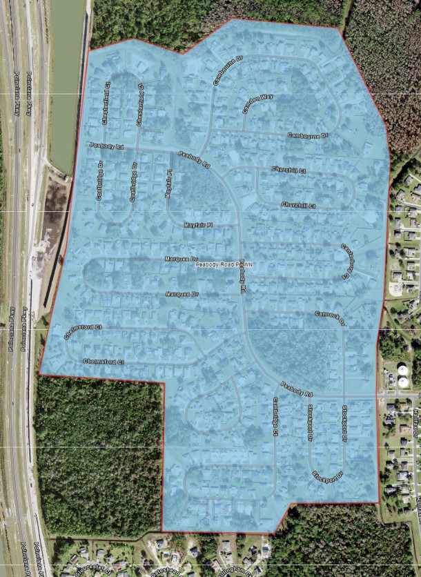 The area highlighted in blue shows the advisory area in the Peabody Road area in Kissimmee.