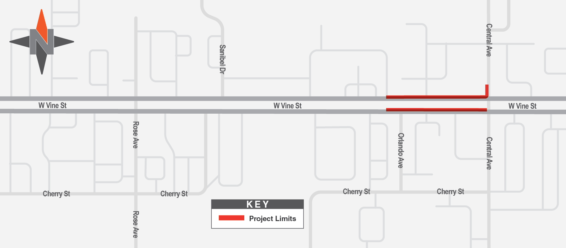 Map shows a westbound lane closure on West Vine Street between John Young Parkway and North Central Avenue and an eastbound lane closure between Orlando Avenue and North Central Avenue. North Central Avenue from West Vine Street to West Cypress Street will be closed as well.