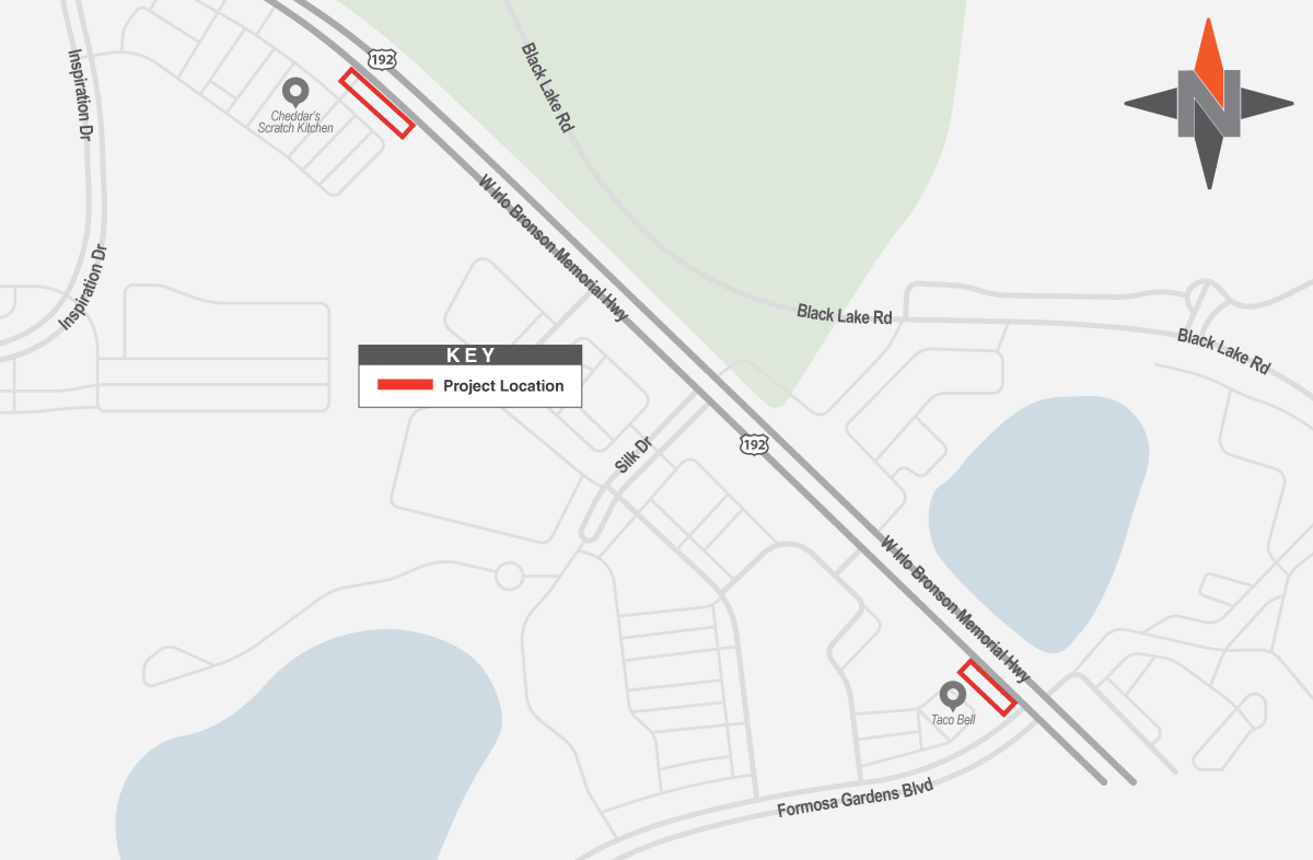 Map shows sidewalk closure near the intersection of Formosa Gardens Boulevard and Irlo Bronson Memorial Highway and closure of the Cheddar’s restaurant entrance on U.S. 192 near Formosa Gardens Boulevard.