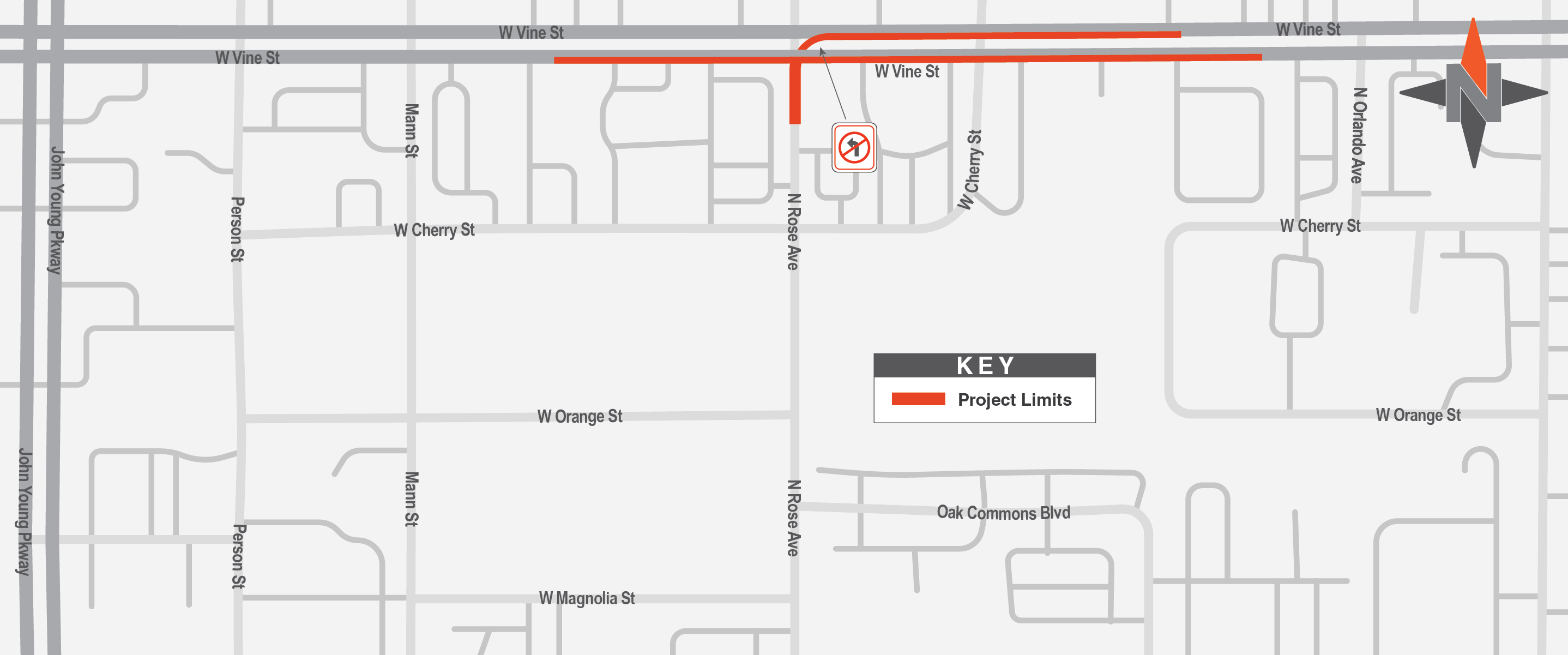The map shows the West Vine Street westbound left turn lane closure between North Rose Avenue and North Orlando Avenue. North Rose Avenue between West Cherry Street to West Vine Street will be closed. There will be also the West Vine Street eastbound lane closure between Mann Street and North Orlando Avenue during the project.